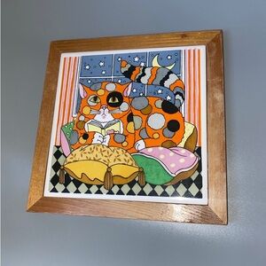 Gailstyn-Sutton Spotted Striped Cat Wood Framed Tile Hanging 7”